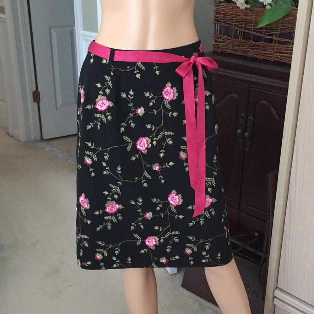 Karen Kane Black Embroidered Floral Skirt with Pink Tie Belt